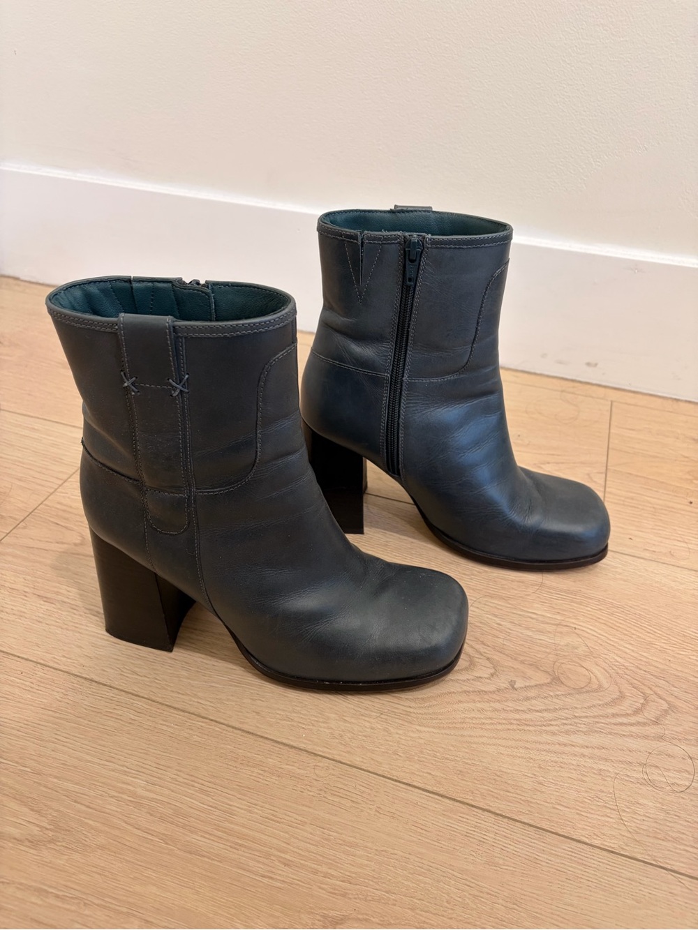 Free People Slate Gray Leather Block Heel Ankle Boots